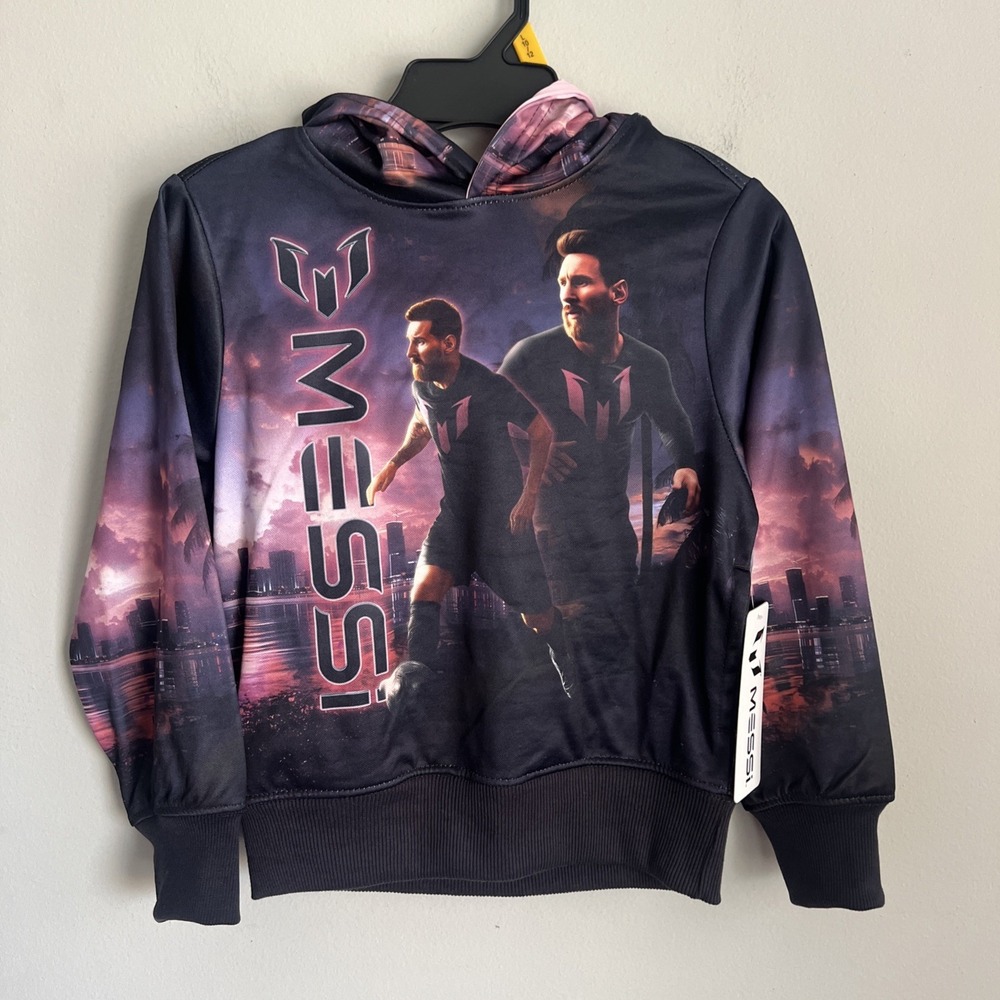 Messi Unisex Kids Pullover Hoodie S Black Pink Fleece Graphic Logo